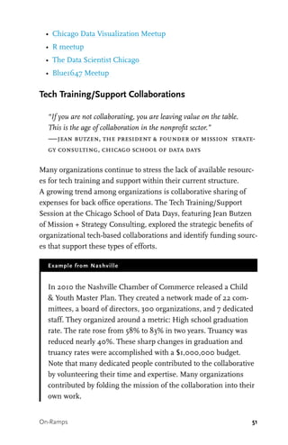 51
•	 Chicago Data Visualization Meetup
•	 R meetup
•	 The Data Scientist Chicago
•	 Blue1647 Meetup
Tech Training/Support Collaborations
“If you are not collaborating, you are leaving value on the table.
This is the age of collaboration in the nonprofit sector.”
—jean butzen, the president & founder of mission strate-
gy consulting, chicago school of data days
Many organizations continue to stress the lack of available resourc-
es for tech training and support within their current structure.
A growing trend among organizations is collaborative sharing of
expenses for back office operations. The Tech Training/Support
Session at the Chicago School of Data Days, featuring Jean Butzen
of Mission + Strategy Consulting, explored the strategic benefits of
organizational tech-based collaborations and identify funding sourc-
es that support these types of efforts.
Example from Nashville
In 2010 the Nashville Chamber of Commerce released a Child
& Youth Master Plan. They created a network made of 22 com-
mittees, a board of directors, 300 organizations, and 7 dedicated
staff. They organized around a metric: High school graduation
rate. The rate rose from 58% to 83% in two years. Truancy was
reduced nearly 40%. These sharp changes in graduation and
truancy rates were accomplished with a $1,000,000 budget.
Note that many dedicated people contributed to the collaborative
by volunteering their time and expertise. Many organizations
contributed by folding the mission of the collaboration into their
own work.
On-Ramps
 