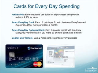 Cards for Every Day Spending 
Arrival Plus: Earn two points per dollar on all purchases and you can 
redeem: 2.2% for travel 
Amex EveryDay Card: Earn 1.2 points per $1 with the Amex EveryDay card 
if you make 20 or more purchases a month, 
Amex EveryDay Preferred Card: Earn 1.5 points per $1 with the Amex 
EveryDay Preferred card if you make 30 or more purchases a month 
Capital One Venture: Earn 2 miles per $1 spent on every purchase 
 