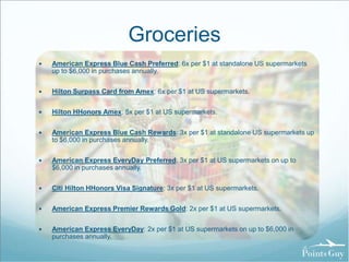 Groceries 
 American Express Blue Cash Preferred: 6x per $1 at standalone US supermarkets 
up to $6,000 in purchases annually. 
 Hilton Surpass Card from Amex: 6x per $1 at US supermarkets. 
 Hilton HHonors Amex: 5x per $1 at US supermarkets. 
 American Express Blue Cash Rewards: 3x per $1 at standalone US supermarkets up 
to $6,000 in purchases annually. 
 American Express EveryDay Preferred: 3x per $1 at US supermarkets on up to 
$6,000 in purchases annually. 
 Citi Hilton HHonors Visa Signature: 3x per $1 at US supermarkets. 
 American Express Premier Rewards Gold: 2x per $1 at US supermarkets. 
 American Express EveryDay: 2x per $1 at US supermarkets on up to $6,000 in 
purchases annually. 
 