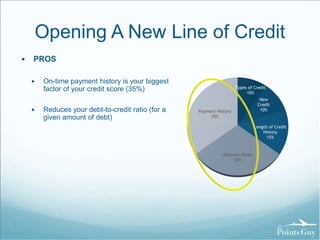 Opening A New Line of Credit 
 PROS 
 On-time payment history is your biggest 
factor of your credit score (35%) 
 Reduces your debt-to-credit ratio (for a 
given amount of debt) 
Types of Credit 
10% 
New 
Credit 
10% 
Length of Credit 
History 
15% 
Amounts Owed 
30% 
Payment History 
35% 
 