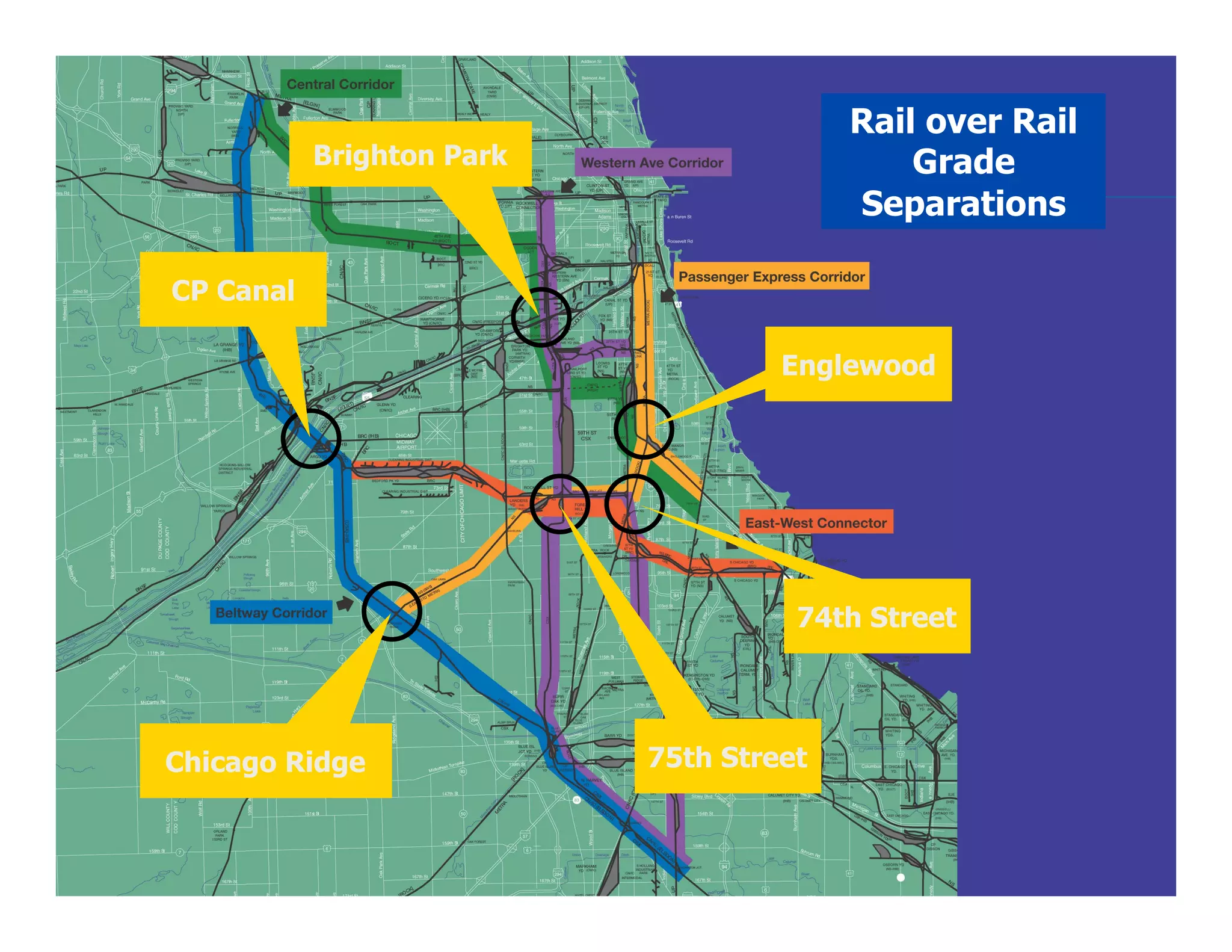 Rail over Rail
           Brighton Park                     Grade
                                         Separations

CP Canal

                                    Englewood




                                     74th Street




Chicago Ridge              75th Street
 