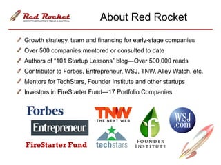 About Red Rocket
Growth strategy, team and financing for early-stage companies
Over 500 companies mentored or consulted to...