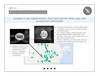 Startup Guide; Chicago

Where do all these startups work?
Spotlight on: two neighborhoods—River North and the West Loop—with
growing tech communities 
§  The stretch of the Brown Line (from Merch Mart
to Chicago) is home to many Chicago startups /
co-working spaces
§  1871, Starter League, Chicago Ventures, and
Motorola Mobility call the Merch Mart home
§  Spot Hero, Trunk Club, and countless others are
spread along the Brown line
§  Groupon, Lightbank, and many early stage co’s
are based out of 600W near the Chicago stop
§  Google announced move
to former cold storage
warehouse by 2015
§  Home to: Threadless,
Sandbox Industries,
Crowdspring 

Map courtesy of Built In Chicago

 
