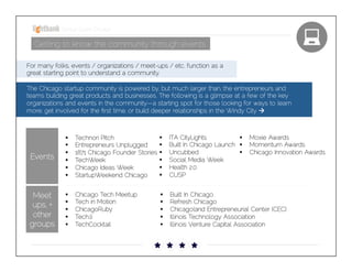 Startup Guide; Chicago

Getting to know the community through events
For many folks, events / organizations / meet-ups / etc. function as a great
starting point to understand a community.
The Chicago startup community is powered by, but much larger than, the entrepreneurs and teams
building great products and businesses. The following is a glimpse at a few of the key organizations and
events in the community—a starting spot for those looking for ways to learn more, get involved for the
ﬁrst time, or build deeper relationships in the Windy City à

Events

§ 
§ 
§ 
§ 
§ 
§ 

§ 
Technori Pitch
§ 
Entrepreneurs Unplugged
1871 Chicago Founder Stories
 § 
§ 
TechWeek
§ 
Chicago Ideas Week
§ 
StartupWeekend Chicago

ITA CityLights
§ 
Built In Chicago Launch
 § 
Uncubbed
§ 
Social Media Week
Health 2.0
CUSP

Meet
ups, +
other
groups

§ 
§ 
§ 
§ 
§ 

Chicago Tech Meetup
Tech in Motion
ChicagoRuby
Tech.li
TechCocktail

Built In Chicago
Refresh Chicago
Chicagoland Entrepreneurial Center (CEC)
Illinois Technology Association
Illinois Venture Capital Association

§ 
§ 
§ 
§ 
§ 

Moxie Awards
Momentum Awards
Chicago Innovation Awards

 