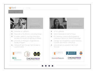 Startup Guide; Chicago

Who we are

Adam
London
@al0nd0n


Associate at Lightbank
Associate at the Boston Consulting
Group 
§  Founder: Letters to Success
(education-focused, non-proﬁt) and
@TheLunchRead
§  University of Michigan’s Organizational
Studies Program
§  VentureUP and Chicago Tech
Academy Launch boards 
§ 
§ 

Marina
Dedes
@marinadedes


VP at Lightbank
Senior Associate at Duff & Phelps
B.S. Materials Science and
Engineering, University of Illinois at
Urbana-Champaign
§  Chicago Tech Academy’s Launch
Advisory Counsel, 1871 Mentor,
VentureUp
§  Junior Board of Lawrence Hall Youth
Services
§ 
§ 
§ 

 