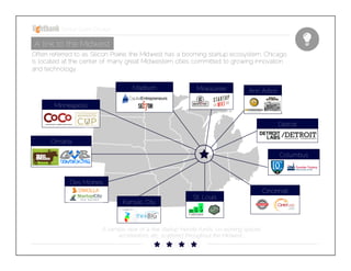 Startup Guide; Chicago

A link to the Midwest
Often referred to as Silicon Prairie, the Midwest has a booming startup ecosystem. Chicago is located at the
center of many great Midwestern cities committed to growing innovation and technology.

Madison

Milwaukee

Ann Arbor

Minneapolis
Detroit
Omaha
Columbus

Des Moines
Kansas City

St. Louis

A sample view of a few startup friendly funds, co-working spaces,
accelerators, etc. scattered throughout the Midwest…

Cincinnati

 