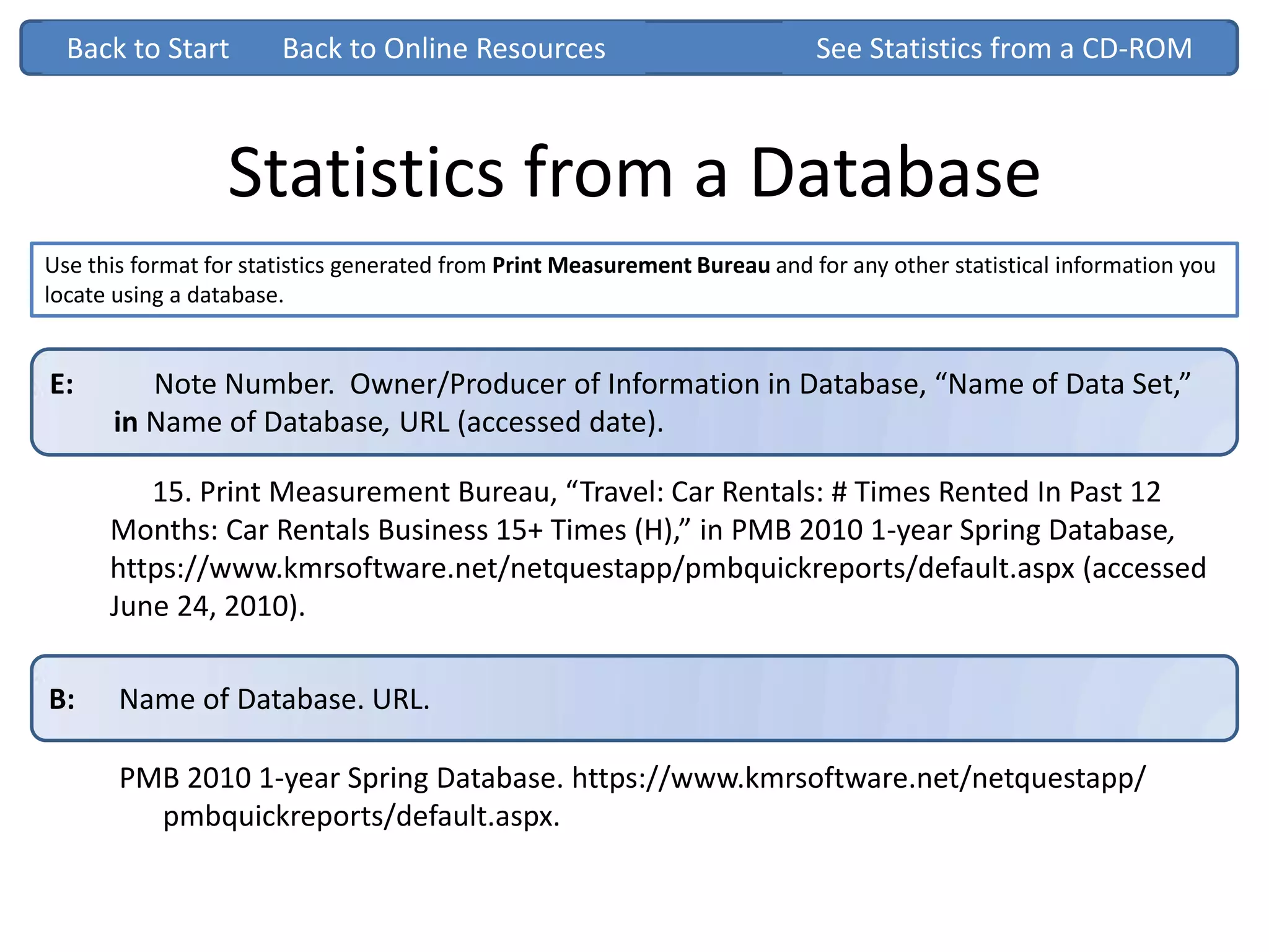 E: Note Number. Owner/Producer of Information in Database, “Name of Data Set,”
in Name of Database, URL (accessed date).
Statistics from a Database
Back to StartBack to Start See Statistics from a CD-ROM
B: Name of Database. URL.
PMB 2010 1-year Spring Database. https://www.kmrsoftware.net/netquestapp/
pmbquickreports/default.aspx.
15. Print Measurement Bureau, “Travel: Car Rentals: # Times Rented In Past 12
Months: Car Rentals Business 15+ Times (H),” in PMB 2010 1-year Spring Database,
https://www.kmrsoftware.net/netquestapp/pmbquickreports/default.aspx (accessed
June 24, 2010).
Use this format for statistics generated from Print Measurement Bureau and for any other statistical information you
locate using a database.
Back to Online Resources
 