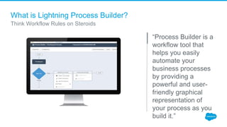 What is Lightning Process Builder?
“Process Builder is a
workflow tool that
helps you easily
automate your
business processes
by providing a
powerful and user-
friendly graphical
representation of
your process as you
build it.”
Think Workflow Rules on Steroids
 