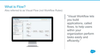 What is Flow?
“Visual Workflow lets
you build
applications, called
flows, to help users
within your
organization perform
tasks easily and
efficiently.”
Also referred to as Visual Flow (not Workflow Rules)
 
