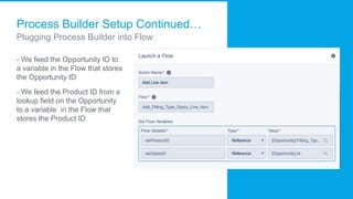 Process Builder Setup Continued…
Plugging Process Builder into Flow
- We feed the Opportunity ID to
a variable in the Flow that stores
the Opportunity ID
- We feed the Product ID from a
lookup field on the Opportunity
to a variable in the Flow that
stores the Product ID
 