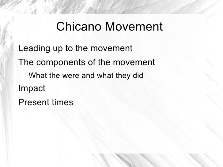 what was the chicano movement The chicano movement has been used by historians to describe a moment of ethnic empowerment and protest among americans of mexican descent beginning in the 1960s. what was the chicano movement The chicano movement has been used by historians to describe a moment of ethnic empowerment and protest among americans of mexican descent beginning in the 1960s.