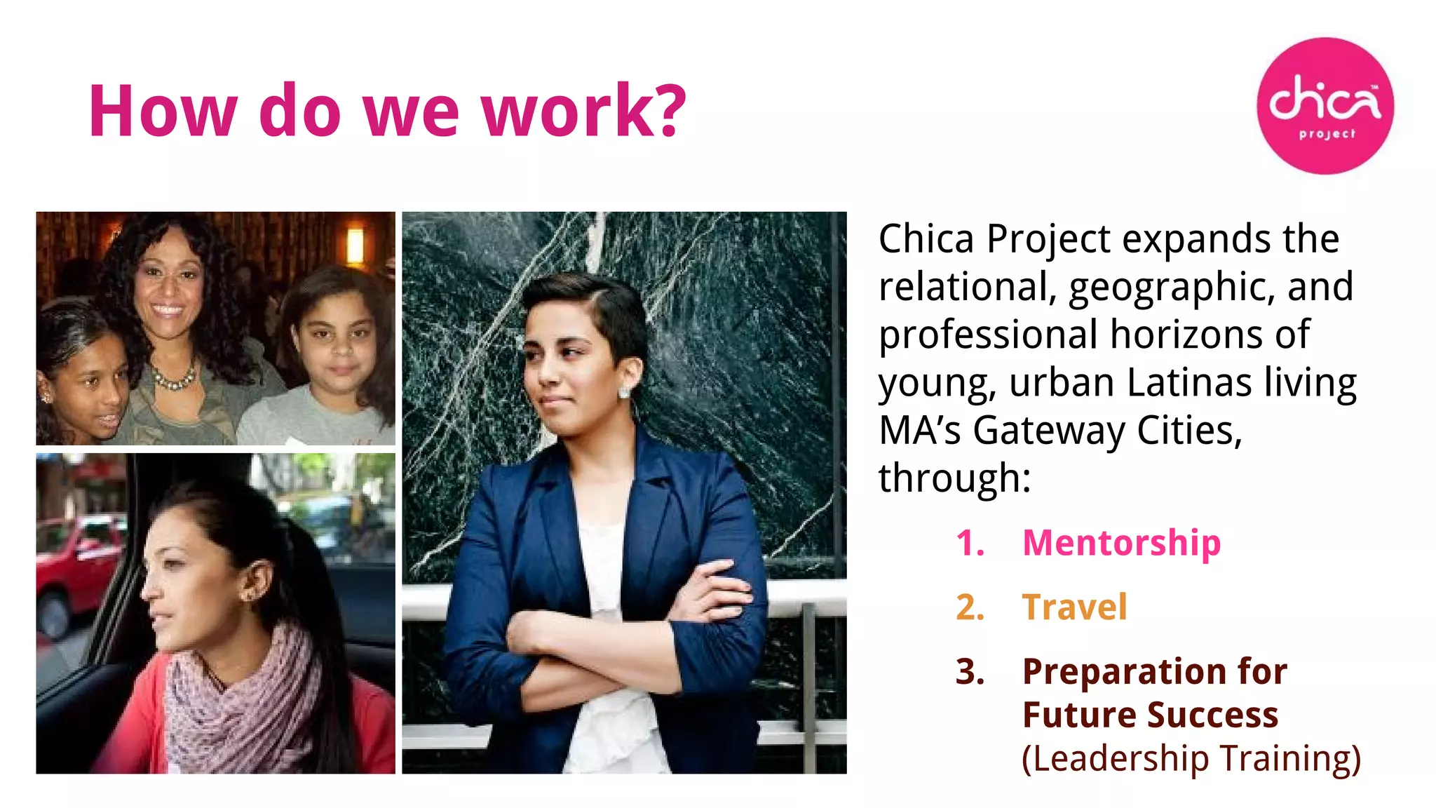 How do we work?
Chica Project expands the
relational, geographic, and
professional horizons of
young, urban Latinas living
MA’s Gateway Cities,
through:
1. Mentorship
2. Travel
3. Preparation for
Future Success
(Leadership Training)
 