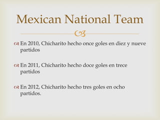 Mexican National Team
          
 En 2010, Chicharito hecho once goles en diez y nueve
  partidos

 En 2011, Chicharito hecho doce goles en trece
  partidos

 En 2012, Chicharito hecho tres goles en ocho
  partidos.
 