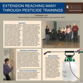 Extension Reaching Many
through Pesticide Trainings
                                                                               Chichester, K.A.
                                  Extension Educator, University of Wyoming, Albany County, Laramie, WY, 82070



                                    Abstract
Laramie, Wyoming, is home to portions of       management, proper laundering of laundry
the Casper Formation Aquifer. This aquifer     and much more. The educator works to
supplies approximately 60% of the city of      ensure all participants have the knowledge
Laramie’s drinking water supply through        to safely and effectively apply pesticides in
wells. It is imperative that individuals       a manner consistent with the labeling. With
living in and around the aquifer’s recharge    the movement toward online testing, the
zone do all that they can to protect the       Wyoming Department of Agriculture has
water supply, as well as avian, wildlife,      provided each county extension office with
and aquatic species. The University of         a computer to administer pesticide license
Wyoming Extension Educator in Albany           tests for both private and commercial
County has worked to provide trainings         applicants. The online testing provides
for private pesticide applicators since        an instant pass or fail to the examiners.
2007 to decrease the risk of pesticide         This option is primarily being used for the
contamination to the aquifer. Trainings        commercial applicator licenses. Extension
are held each spring before the expiration     spends many hours statewide ensuring
of the five-year license issued by the         those attending the meetings are properly
Wyoming Department of Agriculture to the       trained to not only protect their water
applicant. All trainings cover principles of   resources but land resources and their
pest control, pesticide labeling, personal     families. In this five-year span, 102 private
protective clothing, calibration, pasture      pesticide licenses have been issued.            Training participants learning about calibration and the 1/128 method from Albany County
                                                                                               Weed and Pest personnel.



Participant
building a list of
                                       Materials and Methods
county- and                     Private pesticide applicator training information is
state-declared                  presented through PowerPoint presentations, real-life
noxious                         stories, hands-on activities, and group discussions. The
weeds.                          length of the training is approximately four hours and
                                is taught by a combination of personnel from Albany                      Implications
                                County Weed and Pest and University of Wyoming                   With quickly changing regulations
                                Extension. Trainings are held in March, allowing the             and requirements, training materials
                                Wyoming Department of Agriculture time to process                need to be relevant. Trainers
                                applications for those with expiring licenses or first-time      ensure that all new and updated
                                attendees. A private pesticide license is needed to              information is included to provide
                                purchase any restricted-use products. The license is             the landowner the best information
                                free and is valid for five years. If community members           available. By staying relevant, we
                                are not able to attend the training, they can test online        continue to ensure the safety of
                                through the extension office at no cost, taking less than        the water quality and the continued
                                an hour.                                                         use of pesticides and herbicides
                                                                                                 to maintain healthy yards and
                                                                                                 rangelands. Throughout the year,
                                     Results and                                    Ima          the teaching team keeps track of
                                                                                                 potential problems, whether it be
                                Over the past five years, 102 private pesticide licenses
                                                                                                 plant- or insect-based. N
                                have been issued in Albany County to landowners.
                                                                                                 covering these areas is covered the
                                The number of attendants has steadily increased
                                                                                                 following year. This method ensures
                                each year. Landowners are more concerned about
                                                                                                 that producers are receiving timely
                                sustainability and ensuring proper application of
                                                                                                 and accurate information.
                                pesticides by themselves and/or those under direct
                                supervision on their properties.
 
