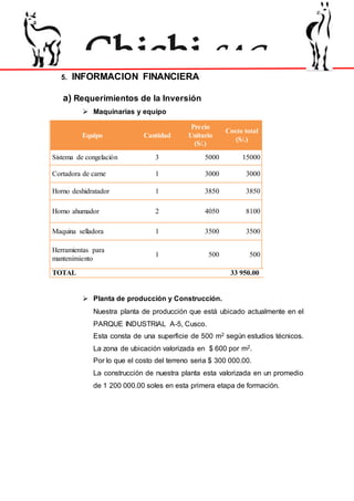 Chichi.SAC
5. INFORMACION FINANCIERA
a) Requerimientos de la Inversión
 Maquinarias y equipo
Equipo Cantidad
Precio
Unitario
(S/.)
Costo total
(S/.)
Sistema de congelación 3 5000 15000
Cortadora de carne 1 3000 3000
Horno deshidratador 1 3850 3850
Horno ahumador 2 4050 8100
Maquina selladora 1 3500 3500
Herramientas para
mantenimiento
1 500 500
TOTAL 33 950.00
 Planta de producción y Construcción.
Nuestra planta de producción que está ubicado actualmente en el
PARQUE INDUSTRIAL A-5, Cusco.
Esta consta de una superficie de 500 m2 según estudios técnicos.
La zona de ubicación valorizada en $ 600 por m2.
Por lo que el costo del terreno seria $ 300 000.00.
La construcción de nuestra planta esta valorizada en un promedio
de 1 200 000.00 soles en esta primera etapa de formación.
 