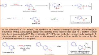 In the laboratory of J.S. Felton, the synthesis of 2-amino-1-methyl-6-phenyl-1H-imidazo[4,5-
b]pyridine (PHIP), amutagenic compound isolated from cooked beef, and its 3-methyl isomer
have been accomplished.27 The synthesis of PHIP began with the commercially available 3-
phenylpyridine, which was aminated at the 6-position with sodium amide in toluene by the
Chichibabin reaction in 58% yield.
PRUTHVIRAJ K, MSc
 