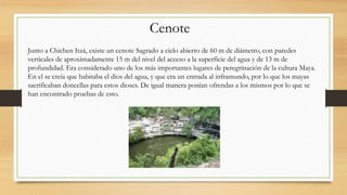 Cenote
Junto a Chichen Itzá, existe un cenote Sagrado a cielo abierto de 60 m de diámetro, con paredes
verticales de aproximadamente 15 m del nivel del acceso a la superficie del agua y de 13 m de
profundidad. Era considerado uno de los más importantes lugares de peregrinación de la cultura Maya.
En el se creía que habitaba el dios del agua, y que era un entrada al inframundo, por lo que los mayas
sacrificaban doncellas para estos dioses. De igual manera ponían ofrendas a los mismos por lo que se
han encontrado pruebas de esto.
 