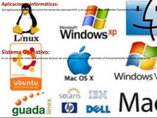Aplicaciones informáticas:
Son aplicaciones que sirven como herramientas para permitir a un usuario realizar diferentes funciones y trabajos.
Sistema Operativo:
Es un conjunto de ordenes y procesos basicos de una computadora que permiten el funcionamiento de otros programas
 