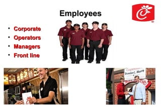 Employees

    Corporate

    Operators

    Managers

    Front line
 