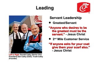 Leading

                                           Servant Leadership
                                            Greatest/Servant
                                           “Anyone who desires to be
                                             the greatest must be the
                                             servant.” - Jesus Christ
                                            2nd Mile Customer Service
                                           “If anyone asks for your coat
                                              give them your scarf also.”
                                              - Jesus Christ
Left to Right: Donald Cathy (Senior Vice
President) Dan Cathy (CEO), Truett Cathy
(Founder)
 