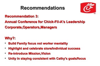 Recommendations
Recommendation 3:
Annual Conference for Chick-Fil-A's Leadership
Corporate,Operators,Managers


Why?:

    Build Family focus not worker mentality

    Highlight and celebrate store/individual success

    Re-introduce Mission,Vision

    Unity in staying consistent with Cathy's goals/focus
 