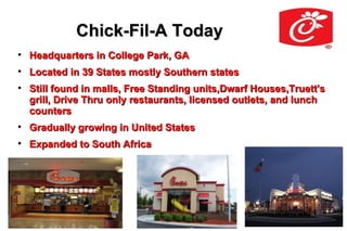 Chick-Fil-A Today

    Headquarters in College Park, GA

    Located in 39 States mostly Southern states

    Still found in malls, Free Standing units,Dwarf Houses,Truett's
    grill, Drive Thru only restaurants, licensed outlets, and lunch
    counters

    Gradually growing in United States

    Expanded to South Africa
 