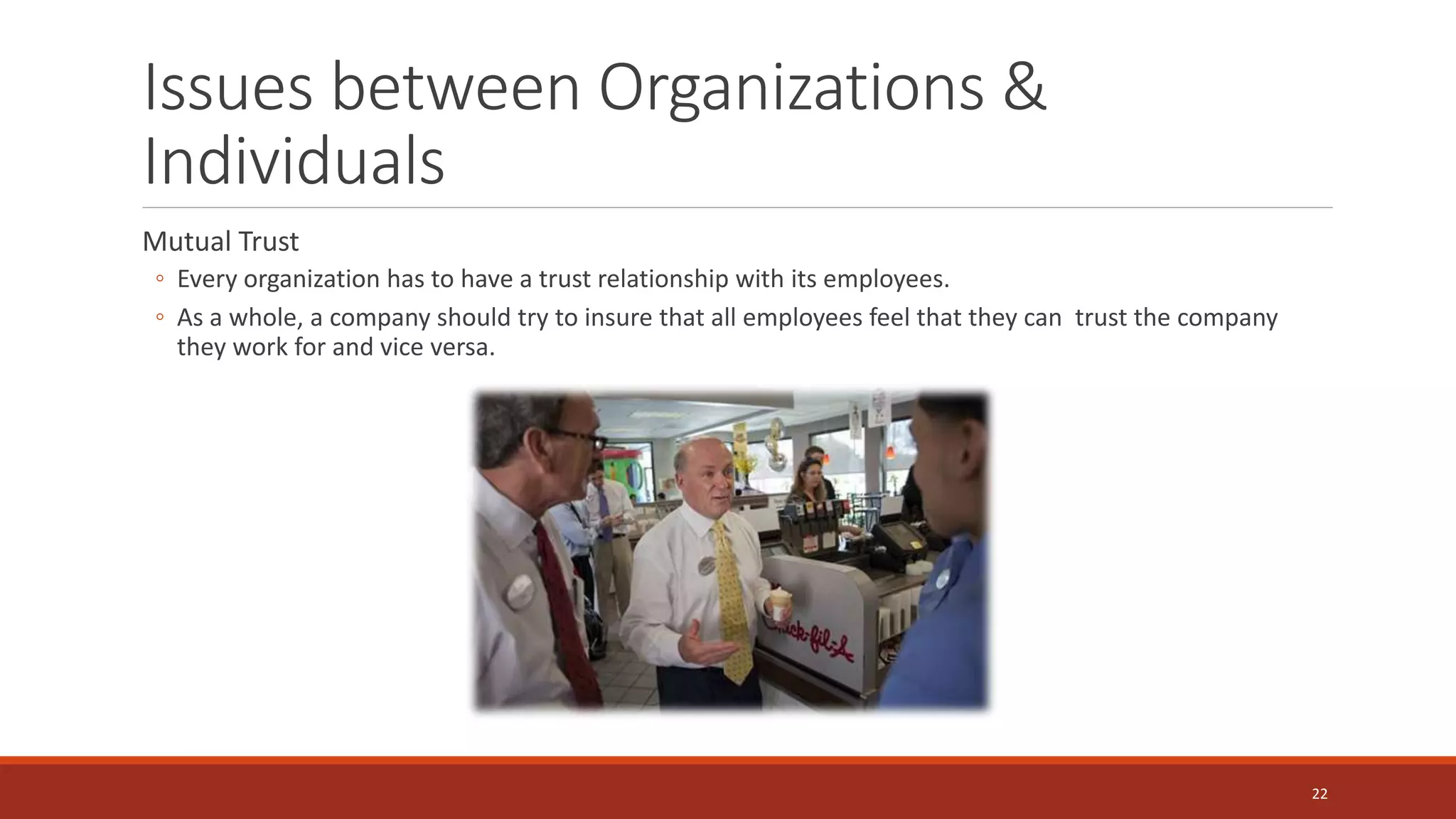 Issues between Organizations &
Individuals
Mutual Trust
◦ Every organization has to have a trust relationship with its employees.
◦ As a whole, a company should try to insure that all employees feel that they can trust the company
they work for and vice versa.
22
 