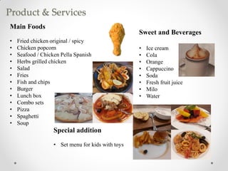 Product & Services
Main Foods
• Fried chicken original / spicy
• Chicken popcorn
• Seafood / Chicken Pella Spanish
• Herbs grilled chicken
• Salad
• Fries
• Fish and chips
• Burger
• Lunch box
• Combo sets
• Pizza
• Spaghetti
• Soup
Sweet and Beverages
• Ice cream
• Cola
• Orange
• Cappuccino
• Soda
• Fresh fruit juice
• Milo
• Water
Special addition
• Set menu for kids with toys
 