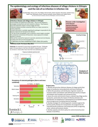 The epidemiology and ecology of infectious diseases of village chickens in Ethiopia 
                  and the role of co‐infection in infection risk
                                              Judy Bettridge, Stacey Lynch, Paul Wigley, Rob Christley, Olivier Hanotte, Pete Kaiser, Zelalem Gutu, 
                                                    Takele Taye, Alemayehu Amare ,Supriya Garikipati, Kasech Malese and Tadelle Dessie 
                                                                                         ILRI, EIAR, University of Liverpool, University of Nottingham, University of Edinburgh




 Infectious disease and village chickens in Ethiopia
 •Local ecotypes are preferred to exotic birds.  They are well adapted to                                                                                                                                Diseases under investigation:
 scavenging, rearing chicks and more resistant to disease.  They however,                                                                                                                                •Viral diseases
 have low production outputs in terms of eggs and meat.                                                                                                                                                  •Bacterial diseases
 •Infectious diseases has been named by farmers as a major constraint to                                                                                                                                 •Intestinal parasites: 
 poultry production                                                                                                                                                                                      •Haemoparasites
 •Limited information is available regarding the pathogens responsible for the                                                                                                                           •Ectoparasites
 diseases observed and risk factors for infection. 
 • The role of host susceptibility  and co‐infections remain largely unstudied. 
 The production environment of these birds  means exposure to multiple                                                                                                                                                                                         Sampling Strategy
 diseases is common.
 •Birds will be screened for exposure to parasitic, bacterial and viral diseases, 
 including some that are immunosuppressive.
• A laboratory has been established at EIAR’s Debre Zeit poultry                                                                                                       Horro                                                                                   2 Regions, both in the highland 
                                                                                                                                                                                                                                                               areas, but with different social 
                                                                                                                                                                                                                                                               demographics
farm.
Preliminary results: First Season (May 2011)                                                                                                                                                                                              Jarso
Outbreaks are reported to cause losses throughout the year.  Outbreaks 
                                                                                                                                                                                                                                                                      4 Market sheds (groups of 
peak in the wet season in the Horro (H1 &H2), compared to Jarso (J1&                                                                                                                                                                                                  villages dependent on a single 
                                                                                                                                                                                                                                                                      market)
J1). Farmers in  Horro often have more than one outbreak per year. 
                                                                                                                                                                                                                                                               8 villages




                                                                                                                                                                                                                                  25 households in each village per sampling season
                                                                                                                                                                                          .....................................


                                                                                                                                                                                                  2 birds from each household




                                                                                                                                                     Household  /  Village  /  Market Shed  /  Region

                                                                                                                                                                                                                    Previous disease     Previous 
                                                                                                                                                                       BCS                                                               treatment

                                                                                                                                                    Production state                         Weight
                                                                                                                                                                                                                                            Feed provision
                                                                                                                                                                             Sex                                    Age




                                                                                                                                                    Source
                                                                                                                                                                                            Season
                                                                                                                                                                                                                                             Housing
                                                                                                                                                                                                                                                                            Analysis of
                                                                                                                                                                                              NDV 
                                                                                                                                                                                                                                               Amount 
                                                                                                                                                                                                                                               confined
                                                                                                                                                                                                                                                                            Risk factors
                                                                                                                                                  Length of time 
                                                                                                                                                  in flock
                                                                                                                                                                       Salmonella                              Pasteurella
                                                                                                                                                                                                                                               Mixing with 
                                                                                                                                                                                                                                               other birds


                                                                                                                                                    Ectoparasites



    Prevalence of selected pathogens (Horro and Jarso                                                                                                                               IBD                    MDV




    combined)                                                                                                                                       Nematodes

                                                                                                                                                                        Eimeria
                                                                                                                                                                                                                                    Differential white cell 
                                                                                                                                                                                                                                    counts

                                                                             Positive                   Negative

        Salmonella                                                                                                            Project aims
                                                                                                                              1. Identify and prioritise infectious diseases of village poultry that 
   Marek's disease                                                                                                             impact on production and productivity and hence livelihood; 
                                                                                                                              2. Define the prevalence and distribution of genetic markers of 
                      Lice                                                                                                     resistance within and between well‐defined local poultry ecotypes 
                                                                                                                               and between local ecotypes and commercial lines; 
     Scaly-leg mite                                                                                                           3. Assess the social and economic factors underpinning village poultry 
                                                                                                                               production, particularly the impact of infectious diseases and 
        Nematodes
                                                                                                                               identification of impediments to development of acceptable disease 
               Eimeria
                                                                                                                               control programmes (including selective breeding); 
                                                                                                                              4. Develop strategies for enhancing genetic resistance against the 
                                                                                                                               priority poultry diseases for incorporation into programmes for 
                                 0                  20                    40        60                      80      100
                                                                           Prevalence                                          improved poultry production and productivity whilst recognising 
                                                                                                                               social, cultural and economic factors
                                                                                                                              5. Develop capacity and inform policy for control of priority avian 
                                                                                                                               diseases in East Africa. 


                                                                                                                                                                                                                                       www.CH4D.wordpress.com



       Licensed for use under the Creative Commons Attribution-Noncommercial-Share Alike 3.0 Unported
       License. Produced November 2011.
 