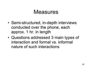 Measures Semi-structured, in-depth interviews conducted over the phone, each approx. 1 hr. in length Questions addressed 3 main types of interaction and formal vs. informal nature of such interactions 