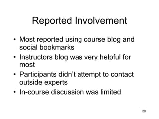 Reported Involvement Most reported using course blog and social bookmarks Instructors blog was very helpful for most Participants didn’t attempt to contact outside experts In-course discussion was limited 