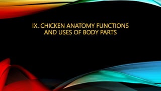 IX. CHICKEN ANATOMY FUNCTIONS
AND USES OF BODY PARTS
 