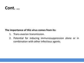 Cont. …
The importance of this virus comes from its:
1. Trans-ovarian transmission.
2. Potential for inducing immunosuppression alone or in
combination with other infectious agents.
 