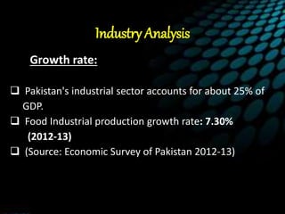 Industry Analysis
 Growth rate:
 Pakistan's industrial sector accounts for about 25% of
GDP.
 Food Industrial production growth rate: 7.30%
(2012-13)
 (Source: Economic Survey of Pakistan 2012-13)
 