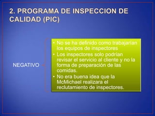 • No se ha definido como trabajarían
             los equipos de inspectores
           • Los inspectores solo podrían
             revisar el servicio al cliente y no la
NEGATIVO     forma de preparación de las
             comidas.
           • No era buena idea que la
             McMichael realizara el
             reclutamiento de inspectores.
 