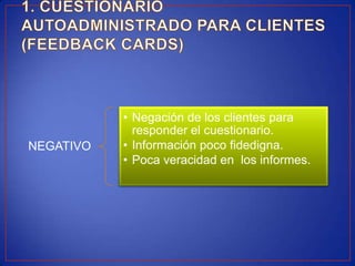 • Negación de los clientes para
             responder el cuestionario.
NEGATIVO   • Información poco fidedigna.
           • Poca veracidad en los informes.
 