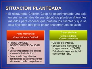 • El restaurante Chicken Coop ha experimentado una baja
  en sus ventas, dos de sus ejecutivos plantean diferentes
  métodos para conocer que quieren los clientes y que se
  esta haciendo mal para poder encontrar una solución.

                                           Trevor Wallace
        Anita McMichael
                                           Vicepresidente
     Vicepresidente Calidad.
                                          Comercialización
 • PROGRAMA DE                     • Grupos de enfoque.
   INSPECCION DE CALIDAD           • Encuesta de monitoreo de
   (PIC)                             imagen de marca (EMIM)
 • Enviar inspectores de calidad   • Estudio de experiencia del
   a los establecimientos            consumidor (EEC)
 • Pruebas de degustación
   controladas para comparar los
   alimentos con la competencia.
 