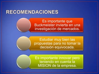 Es importante que
Buckmeister invierta en una
investigación de mercados.

   Estudiar muy bien las
propuestas para no tomar la
   decisión equivocada.

Es importante innovar pero
  teniendo en cuenta la
 MISION de la empresa.
 