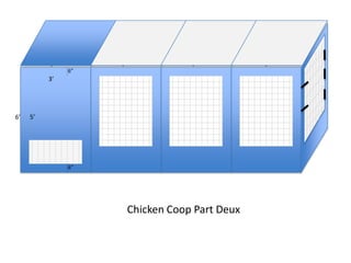 4’        4’               4’           4’
               6”
          3’




6’   5’




               6”




                         Chicken Coop Part Deux
 