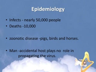 Epidemiology
• Infects - nearly 50,000 people
• Deaths -10,000
• zoonotic disease -pigs, birds and horses.
• Man -accidental host plays no role in
propagating the virus.
 
