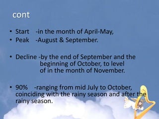cont
• Start -in the month of April-May,
• Peak -August & September.
• Decline -by the end of September and the
beginning of October, to level
of in the month of November.
• 90% -ranging from mid July to October,
coinciding with the rainy season and after the
rainy season.
 