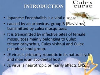 INTRODUCTION
• Japanese Encephalitis is a viral disease
• caused by an arbovirus, group B (Flavivirus)
transmitted by culex mosquitoes.
• It is transmitted by infective bites of female
mosquitoes mainly belonging to Culex
tritaeniorhynchus, Culex vishnui and Culex
pseudovishnui group.
• JE virus is primarily zoonotic in its natural cycle
and man is an accidental host.
• JE virus is neurotropic primarily affects CNS.
 