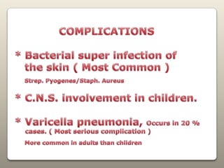              COMPLICATIONS* Bacterial super infection of   theskin ( Most Common )Strep. Pyogenes/Staph. Aureus* C.N.S. involvement in children.* Varicella pneumonia, Occurs in 20 %     cases. ( Most serious complication )More common in adults than children