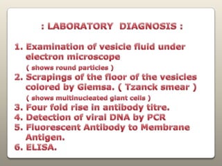          : LABORATORY  DIAGNOSIS :1. Examination of vesicle fluid under    electron microscope( shows round particles )2. Scrapings of the floor of the vesicles     colored by Giemsa. ( Tzanck smear )( shows multinucleated giant cells )3. Four fold rise in antibody titre.4. Detection of viral DNA by PCR5. Fluorescent Antibody to Membrane    Antigen.6. ELISA.