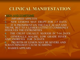 CLINICAL MANIFESTATION
SIGN AND SYMPTOMS
1. IMPAIRED APPETITE
2. NEW LESIONS MAY ERUPT FOR 1-5 DAYS
3. IT IS PROMINENT ON THE FACE ,SCALP,AND
TRUNK BUT TO A LESSER EXTENT IT COMMONLY
INVOLVES THE EXTREMITIES
4. THE CRUST USUALLY SLOUGH IN 7-14 DAYS
5. GENERALLY MALISE, LOW GRADE FEVER
AND ANOREXIA FOR 24 DAYS
6. PRURITIS OF LESION MAY BE SEVERE AND
SCRATCHINGMAY CAUSE SCARRING
7. RASHES APPEARS
 