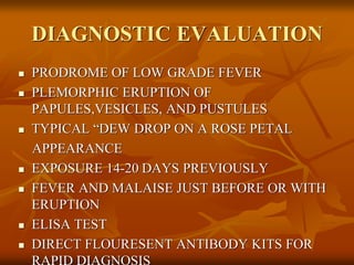 DIAGNOSTIC EVALUATION
 PRODROME OF LOW GRADE FEVER
 PLEMORPHIC ERUPTION OF
PAPULES,VESICLES, AND PUSTULES
 TYPICAL “DEW DROP ON A ROSE PETAL
APPEARANCE
 EXPOSURE 14-20 DAYS PREVIOUSLY
 FEVER AND MALAISE JUST BEFORE OR WITH
ERUPTION
 ELISA TEST
 DIRECT FLOURESENT ANTIBODY KITS FOR
RAPID DIAGNOSIS
 