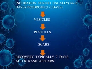 INCUBATION PERIOD USUALLY(14-16
DAYS) PRODROME(1-3 DAYS)
VESICLES
PUSTULES
SCABS
RECOVERY TYPICALLY 7 DAYS
AFTER RASH APPEARS
 