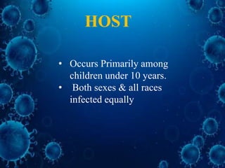 HOST
• Occurs Primarily among
children under 10 years.
• Both sexes & all races
infected equally
 