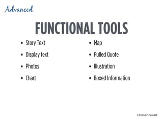 Chicken Salad
FUNCTIONAL TOOLS
Advanced
• Story Text
• Display text
• Photos
• Chart
• Map
• Pulled Quote
• Illustration
• Boxed Information
 