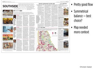 Chicken Salad
• Pretty good flow
• Symmetrical
balance — best
choice?
• Map needed
more context
“[‘Chi-Raq’] just
showed and
added negative
connotations to
Chicago. Because
of that, I felt like
only the people in
Chicago really know
about Chicago.
There is violence,
but there’s also
people trying
to improve the
violence.”
— Che Raoul, senior
SOUTHSIDE byTaliaGoerge-Karron
assistant editor
Systemic socioeconomic segrega-
tion. Misconception of black men.
Corruption. Unequal education. Un-
just. Culture pockets. Not “Chi-Raq.”
Hope. This is what Chicago means to
many U-High students.
The Social Justice Club sponsored
a photo titled “What does Chicago
mean to you?/What is Chicago to
you?” which resulted in a photo-
graphic discussion on issues and cul-
ture throughout Chicago.
Some students did have inhibitions
about writing negative perceptions of
Chicago for the whole school to see.
“Some people were kind of scared
to give negative answers because they
knew they would be posted around
the school,” Kara said. “It shows that
Lab as a commu-
nity is very diverse
and we lots of dif-
ferent experiences
and opinions.”
Sophomore Ol-
ivia Issa remarked
on the divide be-
tween public and
private schools.
She is a competi-
tive dancer that
works with danc-
ers from across the
city, the majority
of which do not go
to U-High.
“Their class
sizes are twice the
size of ours,” Olivia
said. “I’ll say, “I’m
takingAPComputerSciencethisyear,
while their schools would not dream
of teaching computer science.’ We
get penalized for cutting class, and I
mentioned that, and this girl turned
to me and said,‘Someone cut class 42
consecutive days and still passed the
class.’ There’s no safety net for them,
and that’s terrifying because we’re all
going to make mistakes.”
Other students addressed racial in-
equalitybothatLabandinthegreater
community on the South Side. Kara
explained there is a lack of discussion
on race at U-High and she hoped this
project would address that gap.
“Race plays a role in Lab’s everyday
community,” Kara said. “I think that
at Lab, race is a very sensitive topic
to talk about and how we feel about
diversity as a whole… I think that
people are scared to talk about the
racial issues when things like Laquan
McDonald getting shot and police
brutality happen.”
While Hyde Park is a diverse neigh-
borhood, Kara remarked that U-High
students tend not to pay as much at-
tention to the racially segregated ar-
eas of Chicago. Kara lives downtown
where she sees many diﬀerent races
living and working cohesively.
“I think that a lot of kids at Lab ei-
ther live in Hyde Park or on the North
Side,” Kara said. “Hyde Park is a su-
per diverse area… there are so many
parts of Chicago that are strictly
white, or strictly black, or strictly la-
tino. Lab kids don’t pay that much at-
tention to those areas.”
In light of increasing protests, Kara
remarked on the changing nature of
the public view on police brutality
and race in America and the need for
education to continue this trend.
“People are becoming more aware
of what it’s like being a black male in
ChicagoandAmerica,”Karasaid.“The
people that are under the impression
that police brutality of African Ameri-
can males is not something that exists
need to become more aware. People
that don’t think there’s racism in the
world need to be educated.”
Junior Taylor Thompson discussed
the invisible segregation that sur-
rounds her neighborhood, Beverly,
one of the most racially and ethni-
cally diverse places in southwest
Chicago and a 25-minute drive from
Hyde Park. Geographic barriers, such
as train tracks or roads, unintention-
ally divide Chicago which leads to so-
cioeconomic pockets across the city.
“I’ve lived in Beverly my entire life
and there’s train tracks that divide
my neighborhood from Washington
Heights,” Taylor said. “How diﬀer-
ent the environment and the people
are across the tracks changes, but
also the cost of real estate changes
drastically and you see these socio-
economic pockets all across the city
because of that.”
Although outsiders may believe
they can shed light on the city’s is-
sues, senior Che Raoul believes
that non-Chicago natives promote
negative media portrayal of Chicago
without seeing the bigger picture. In
particular, the 2015 movie “Chi-Raq”
depicted women in Chicago refusing
to have sex with their husbands un-
til gang violence stopped. Although
meant to provoke discussion, Che
sees the movie as a negative portrayal
of Chicago’s culture.
“Normally when people outside
think of Chicago, they think of all the
stuﬀ that they see on the news, es-
pecially not positive stuﬀ,” Che said.
“There was the whole movie pro-
duced by Spike Lee [“Chi-Raq”] and
that just wasn’t a positive image at
all and it didn’t really show anything
about Chicago. It just showed and
added negative connotations to Chi-
cago. Because of that, I felt like only
the people in Chicago really know
about Chicago. There is violence, but
there’s also people trying to improve
the violence.”
47th AND PRAIRIE. The now-faded Chicago Blues
Mural, featured in the 1980 “Blues Brothers” ﬁlm
with Ray Charles singing in front of it, stands adja-
cent to Shelly’s Loan and Jewelry Company.
57th AND LAKE PARK. Sitting beneath the 57th
Street viaduct, “The Spirit of Hyde Park,” painted in
the mid-1970s and restored in 2012, shows riots next
to more abstract images of peace.
47th AND CALUMET. “The Wall of Daydreaming and
Man’s Inhumanity to Man,” painted in 1975, depicts
various aspects of urban strife including drugs, vio-
lence, and prositution.
GARFIELD AND INDIANA. In an empty lot between
two vacant building, this unnamed mural portrays
two musicians alongside the words “Conscious Com-
munity” in front of a vibrant sunset.
79th AND STONY ISLAND. “Bright Moments, Mem-
ories of the Future,” lies adjectent to the New Regal
Theater and features jazz and blues greats including
Billie Holiday, Dizzy Gillespie and Nat King Cole.
THURSDAY, APRIL 14, 2016 • IN-DEPTH
U-HIGH MIDWAY • UNIVERSITY HIGH SCHOOL, CHICAGO 7
Mira lives in
the Roseland
neighborhood.
She described
assumptions
many U-High
students
have about
the college
process and
the balance
between
U-High and her
neighborhood
socially.
IN-DEPTH • THURSDAY, APRIL 14, 2016
U-HIGH MIDWAY • UNIVERSITY HIGH SCHOOL, CHICAGO6
Sprawling south from Roosevelt Road and west from Lake
Michigan, Chicago’s South Side boasts a hefty reputation. To
some, it’s “Chi-Raq.” To others, it’s home. U-High seems a
“bubble” of privilege and safety, but discussions of inequality
have raised questions on our
role in the community and
misconceptions of the area that
cannot be ignored.
MYSOUTH SIDE:
Students describe misconceptions of Chicago life
byMicaiah Buchheim-Jurisson
editor-in-chief
The South Side of Chicago has a rich culinary history
ranging from classic soul food to African cuisine and hip
cafes, exempliﬁed by these neighborhood staples.
Lem’s Bar-B-Q
311 E. 75th St.
Greater Grand Crossing
The line usually stretches
out of the door at this Cha-
tham ﬁxture that’s been
open since 1968, and after
tasting the food it is easy to
see why (though admittedly
the space inside the store is
quite small — there is only
the line, no eating space).
Don’t worry though — the
line tends to move quickly.
The two massive hickory
smokers house the slabs
of meat soon to be doused
with the Mississippi-style
mild sauce. The smoky,
slightly sweet, tangy rib tips underneath a bed of fries are
some of the best in Chicago (and don’t forget about the hot
links). Open from 1 p.m. to 3 a.m. on Fridays and Saturdays,
but worth eating any time of day.
YassaAfrican Restaurant
3511 S. Martin Luther King Dr.
Bronzeville
Aside from its absolutely
delicious (and inexpensive)
Senegalese food, Yassa’s
low-key environment and
exceptionally friendly staﬀ
and chefs who are eager to
converse with guests make
it a great hangout spot. Dibi
and Maﬀe are highly recom-
mended, both of with come
with ﬂavorful and succulent
cuts of lamb and chicken.
Also recommended is the
ginger drink (the proprietor,
who is over 60 but looks 45,
claims that his youthful vis-
age is a result of frequently sipping this rejuvenating bever-
age). Besides, what other restaurant has a picture of music
legend Akon on the menu?
CurrencyExchange Cafe
305 E Garfield Blvd.
Washington Park
Artist Theaster Gates
started this well-decorated
cafe/hangout spot located
just west of Washington
Park. There is ample hang-
out space with a library col-
lection, and soon, a 35mm
slide collection, both which
are accessible to patrons.
The premise of the cafe
centers on Theaster Gates
notion of repurposing
abandoned spaces (hence
its home in an old currency
exchange building), and it
doesn’t stop there — the
repurposed tables, mugs, doors and signs make for an fas-
cinating, heterogenous aesthetic. The cafe serves southern
soul, Filipino and Mexican food, and features classics like
jambalaya, ﬁsh and grits, buttermilk pancakes and chilaqui-
les. Serves breakfast all day and lunch starting at 11 a.m.
Experimental Station
6100 S. Blackstone Ave.
Woodlawn
According to its website,
the Experimental Station
aims to “build independent
cultural infrastructure on
the South Side of Chicago.”
It hosts various institutions,
including Blackstone Bi-
cycle works (a community
bike shop that repairs and
sells used bikes and hosts
programs for youth to learn
how to work with bikes), the
61st Street Farmers Market,
both of which host worth-
while events and programs
throughout the year. In ad-
dition to regular Farmers
Market events, the Experi-
mental Station also regularly hosts workshops on healthy
eating and cooking, as well as other cultural events. Also
housed at the experimental station is the documentary stu-
dio the Invisible Institute and the local paper, “The South
SideWeekly.”
SOUTH SIDE EATS
MIRA JACOBS
I live in over in Roseland. There
are a lot of people, at least on my
block, that have been around for
a long time, a lot of older people.
There are a lot of buildings with
nothing in them, they’re just
sitting there. I know most of my
neighbors simply because my
Mom has lived here. But still the
area around us isn’t the best to be
outside.
We have Fenger High School
right there. A couple years ago,
a boy died at Fenger because he
was stomped to death and shoot-
ings happen around the area, but
they don’t necessarily happen on
my block. Across the street from
us, we do have some neighbors
who’ve been doing some time. In
that area, my family, or no one
directly related to me has been
shot at or anything, so sometimes
I feel like I’ve been desensitized
to it. Someone gets shot and you
feel bad, but at the same time it’s
becoming regular so you can’t
have that many feelings towards
it because the next day it’s gonna
happen again.
People here are used to dif-
ferent things.With people from
my neighborhood, you might
be the ﬁrst generation to go to
college, but here you have lega-
cies of families who’ve gone to
college forever. Here [at U-High],
you’re worried about getting
into a certain college, and some
people are focused on the name
of the school or the fact that their
parents went there or what it will
do for them, but people from my
old school are more focused on
paying for it, and being able to
graduate successfully and doing
something not only for them-
selves but for their family.
I feel like for people at Lab,
it’s assumed that you’re going to
be great. I have family members
that are truck drivers, teachers
or random things that get them
by but it doesn’t really take them
anywhere else.
It’s hard to balance my old set
of friends and Lab people at the
same time. At my sweet 16, I was
so nervous because I wasn’t sure
how my old friends and my new
friends would interact. My old
friends interact a certain way,
and it’s just how I am and it’s not
like I’m diﬀerent around my Lab
friends but they’re two completely
separate groups.
You’re bringing them together
and you’re in the middle. My old
friends know me, but coming to
Lab, I was open and talking about
diﬀerent things and I was more
aware of things in life, so I have
that side of me so my old friends
might think “Mira’s changed” but
my Lab friends might be like I
don’t know who Mira is. It’s still
hard ﬁnding balance together.
While U-High students come from across Chicago, the student body is composed
predominantly of Hyde Parkers and Northsiders. Three students from the South Side of
Chicago share their perception of their neighborhood and their relationship with U-High,
noting the sometimes conﬂicting cultures. Interviews by Clyde Schwab.
midway photos by benji wittenbrink and paige fishman
Brian
recounted the
history of his
neighborhood,
Woodlawn, and
its sometimes
negative
influence. He
detailed the
difficulty of
reconciling the
culture of his
neighborhood
with that of
U-High.
BRIAN DEAN
I live inWoodlawn, just south
of here. My family moved in when
I was six, the neighborhood has
changed a lot. It’s not perfect
today, but it’s gotten a lot better.
Woodlawn was the neighborhood
where the Blackstone Rangers, a
Chicago gang, was founded. A lot
of the older people in my com-
munity are heavily inﬂuenced by
that, and my generation has felt
that as well, but it’s starting to lift
a bit.
The constant struggle to sur-
vive was really consistent among
everyone in the neighborhood
at the time, and it got passed
down from generation to genera-
tion. It’s aﬀected me in a way. I
can see and identify with that
inﬂuence, and I’ve grown up with
people who’ve become victim to
that inﬂuence, and you can’t do
anything but have love for them
because that’s where you’ve come
from.
I know seeing that as a young
child made me know that’s not
what I wanted to do and caused
me to be much more involved in
my school work and activities.
Because my parents grew up in
with that struggle but my father
went to college and my mother
went to beauty school, they’re
making a constant eﬀort to stay
away from that and to expose us
to diﬀerent things from the condi-
tions in which we’re living.
I think that a common miscon-
ception is that when you go [to
the South Side], there will be a
uniform bad people, but the real-
ity is that there are people who
come out of struggling conditions
who have full intentions on doing
the right thing. There are people
who are a lot more focused on
beating the odds than what
people think they are . . . There is
a diversity among people on the
South Side just as there is around
the city, and you will have good
and bad wherever you go.
One thing about being a part of
both my community and U-High
is that you’re not going to ﬁt all
the way in with either one.When
I’m in my neighborhood, they
look at me like, “Oh, you go to
Lab,” which is an excellent high
school, and they’re gonna be like
you have money and I’m like, “No,
we don’t.”
And they’re going to make
certain generalizations about me
right away, like, “You think you’re
smart, you think you’re all this,”
and I’m like, “No, I don’t,” I just
happened to get in to a good high
school.
When I’m here, I dress diﬀer-
ently — I’ll sag my pants, I’ll wear
diﬀerent belts and Timberland
boots, and people will make in-
stant generalizations about me…
I reﬂect where I come from, and I
do that proudly, but that doesn’t
mean I approve of everything that
happens.
Kerry lives in
Greater Grand
Crossing. He
explained his
experience and
friendships in
both his own
neighborhood
and in the Lab
community
in Hyde Park,
as well as
the ways his
neighborhoods
has changed.
KERRYVINSON
I live in Greater Grand Cross-
ing.When I ﬁrst moved there in
2006, it was kind of rough but as
people moved in and out, it got
better. Now, it’s in a good spot
compared to where it was. There
was a a lot of violence and crime
— bad inﬂuences. It still happens,
but there’s less. I haven’t had any
problems with having to actively
avoid those inﬂuences, you would
do what you would do and they
would do what they would do.
I’ve been at Lab my whole life,
I spend most of my time with
people from Lab. The reason I
don’t feel divided between two
neighborhoods is that I have so
many memories and so many
friends in both neighborhoods
that I really value. I’ve been going
to Lab since kindergarten, so I feel
like Hyde Park is my home, but
I also feel like the neighborhood
I live in is my home. I used to go
outside in the back yard and play,
just typical stuﬀ you would do as
a kid, and I was able to have that
opportunity both in my neighbor-
hood and in Hyde Park.
When you year “South Side
of Chicago,” you think lots of
violence, lots of gangs. People
get one view of the South Side
and put all the neighborhoods
together, and they assume that
the entire South Side is the same
way. It’s not viewed as distinct
neighborhoods, it’s viewed as one
big block.
The ﬁrst thing I can say that the
South Side means to me is home.
There’s deﬁnitely a sense of com-
munity, and there’s like… loyalty.
Everyone looks out for everyone.
If a neighbor is sick, we take care
of them, take out their garbage,
help them around the house.
Everyone is working together, and
everyone feels loyal to each other.
There’s a much diﬀerent vibe in
my neighborhood now.When we
ﬁrst moved here, every day you
got home, you went inside, and
that’s where you stayed. But now,
you come home, you go inside or
outside, barbecue in the sum-
mer and spring, do yard work or
sit on the front porch. Now you
can go outside and do whatever
you want without being scared or
anything.
I disagree with the idea that all
the African American students
just socialize with each other. I
have friends that live up north,
and we’ve been really good
friends for quite a long time…
Most of us have known each other
since Lower School, and that’s
when we all lived in diﬀerent
neighborhoods, so it’s really just
the friendship we’ve kept through
the years. It’s a lot more about
who you end up being friends
with and who you are than sepa-
rate stuﬀ like where you live.
IDENTITY
SOUTH SIDE CRIME
While families live, eat and work on the South Side, it remains one ofthe locations with the highest
crime rate in the country. This often prevents outsiders from appreciating the historical culture of
this part ofthe city but is also a key piece to understanding the region.
INJUSTICE. SEGREGATION. CULTURE. HOPE.
information from chicago tribune
photoillustration by grace anderson
midway photos by micaiah buchheim-jurisson and clyde schwab
 